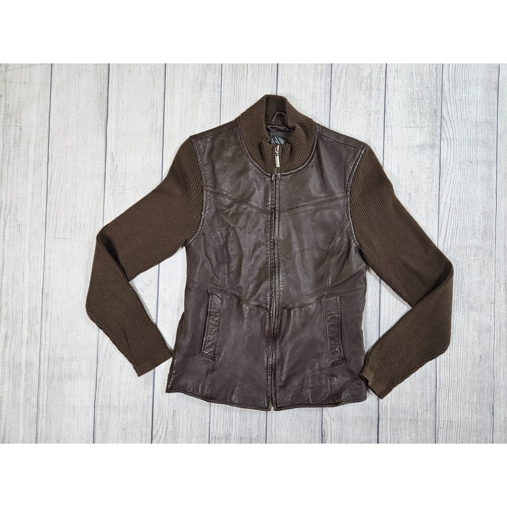 Vtg Jaclyn Smith Leather Jacket Womens 8 Brown Leather Rib Knit Zip Front Moto - Picture 1 of 7